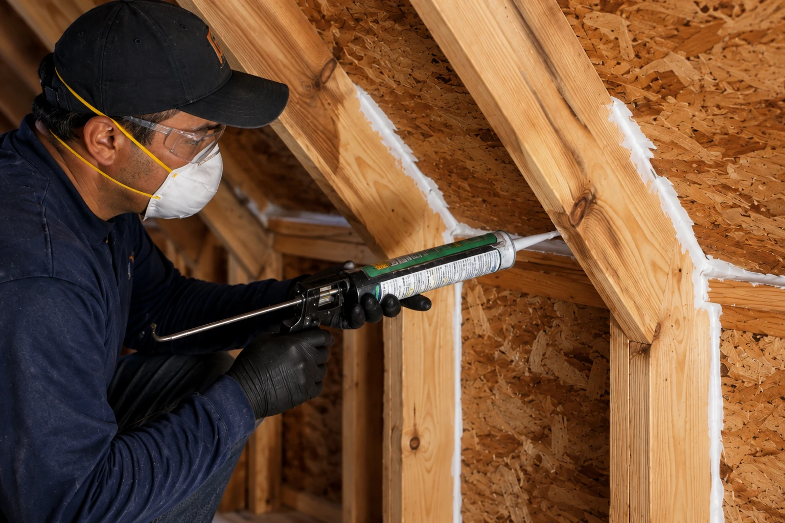 A worker wearing a mask and safety glasses applies foam sealant with a caulking gun along wooden attic framing.