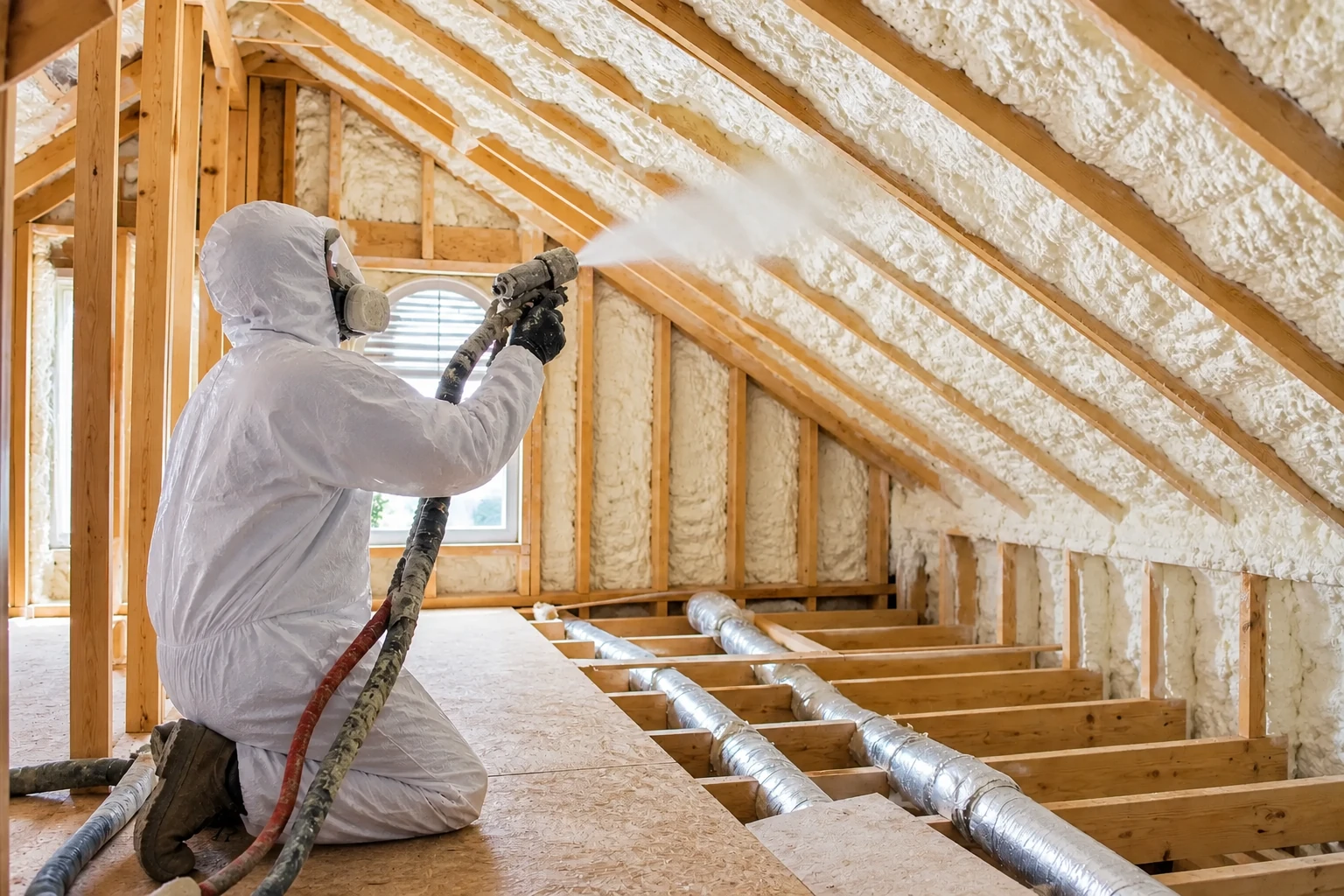 Worker in protective coveralls sprays foam insulation onto the rafters of an unfinished attic.