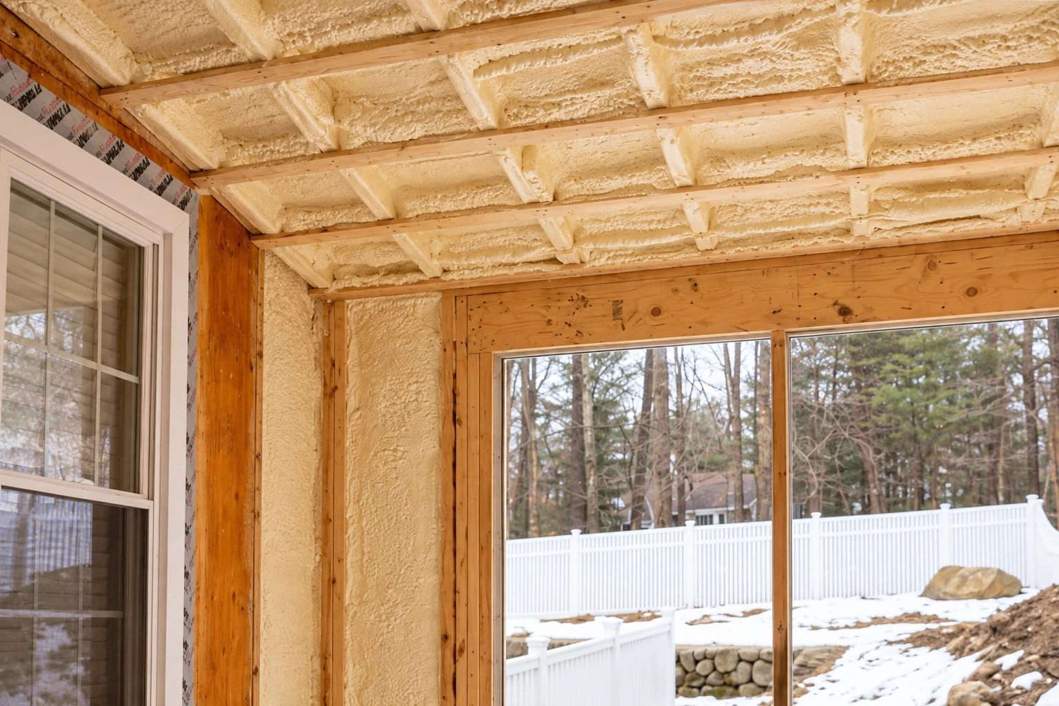 Unfinished sunroom with pale spray foam covering the ceiling and wall cavities between wooden framing.