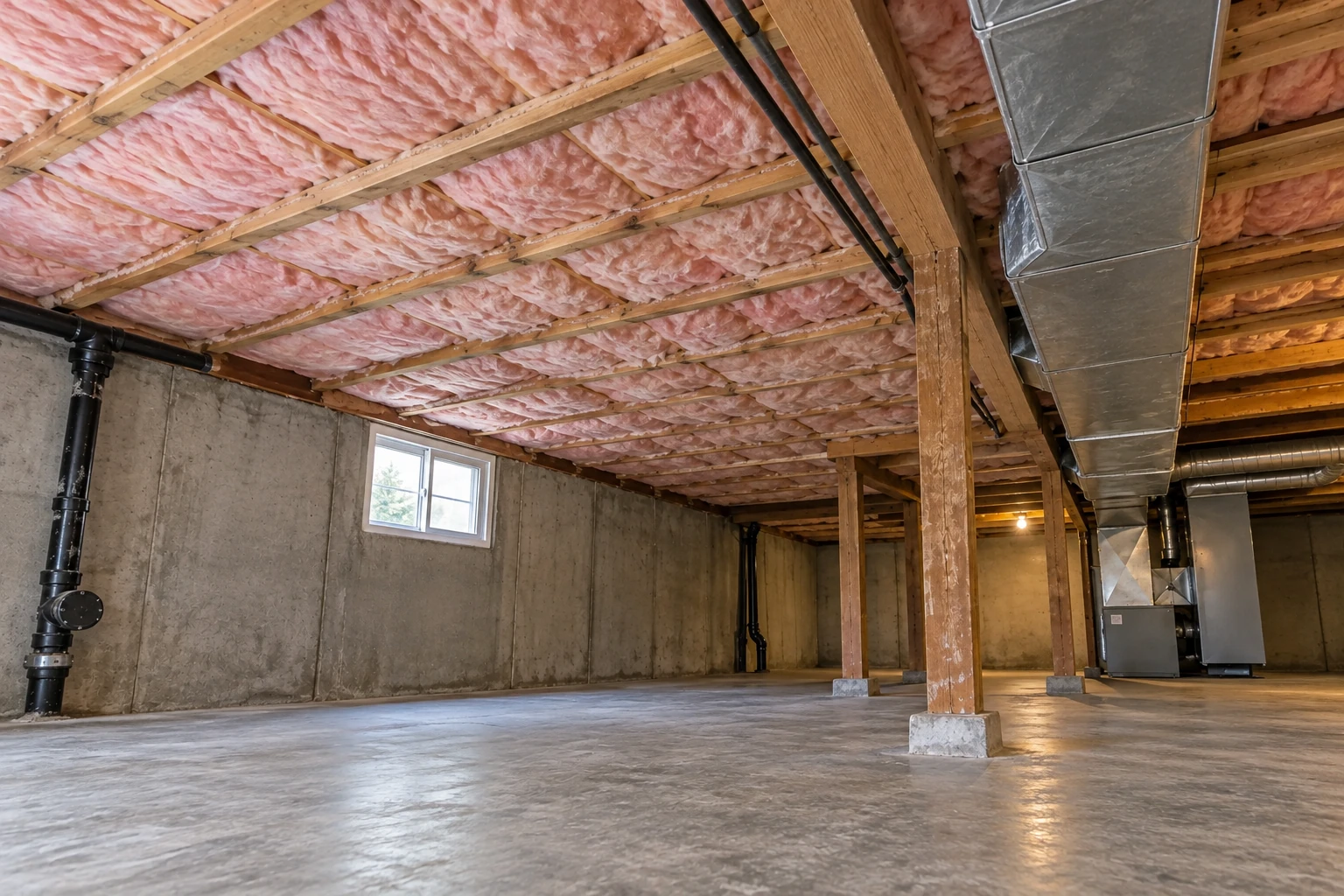 Basement with pink fiberglass insulation between ceiling joists, exposed concrete walls, support posts, and HVAC ductwork.
