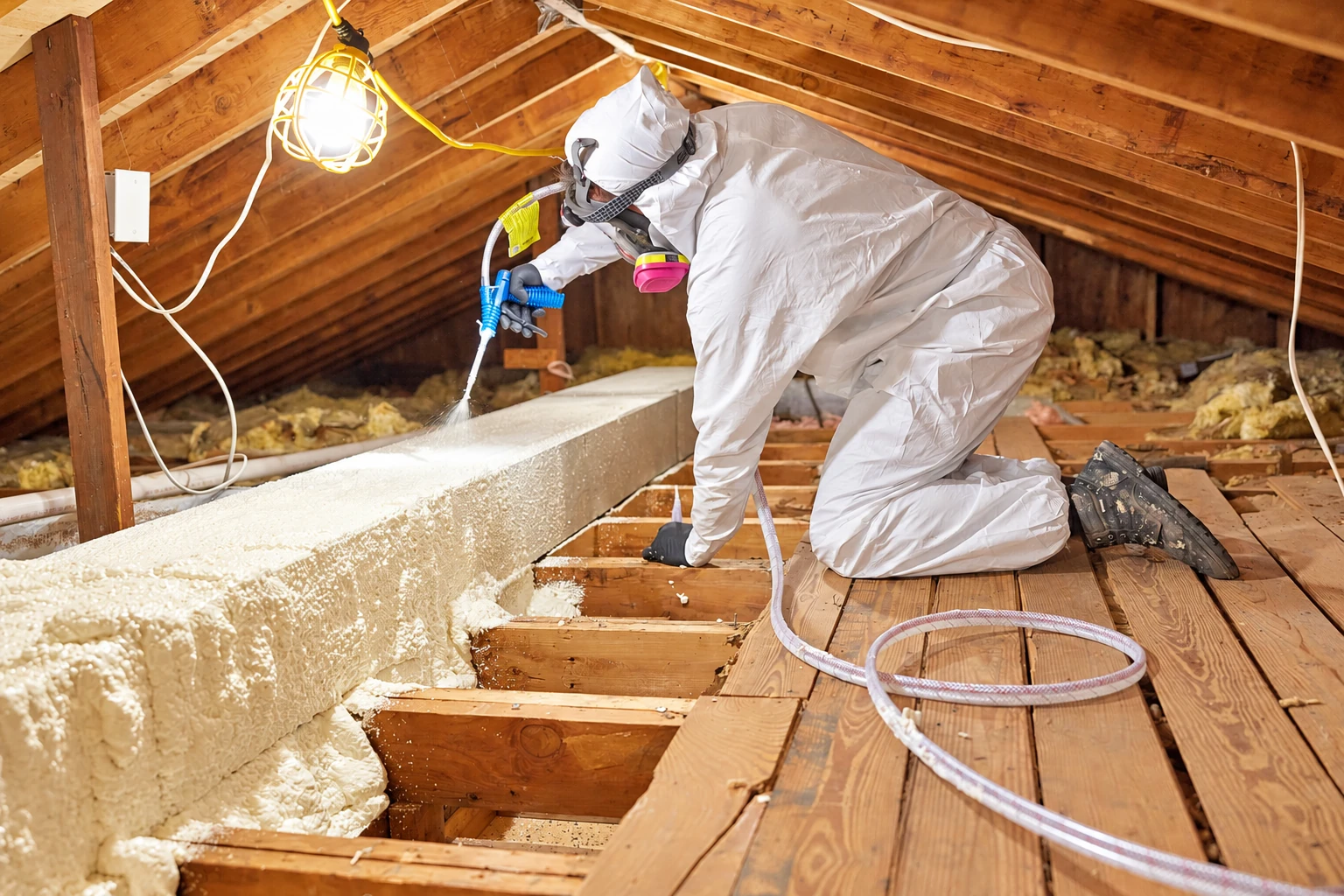 A worker in protective gear sprays white foam insulation across attic floor joists.