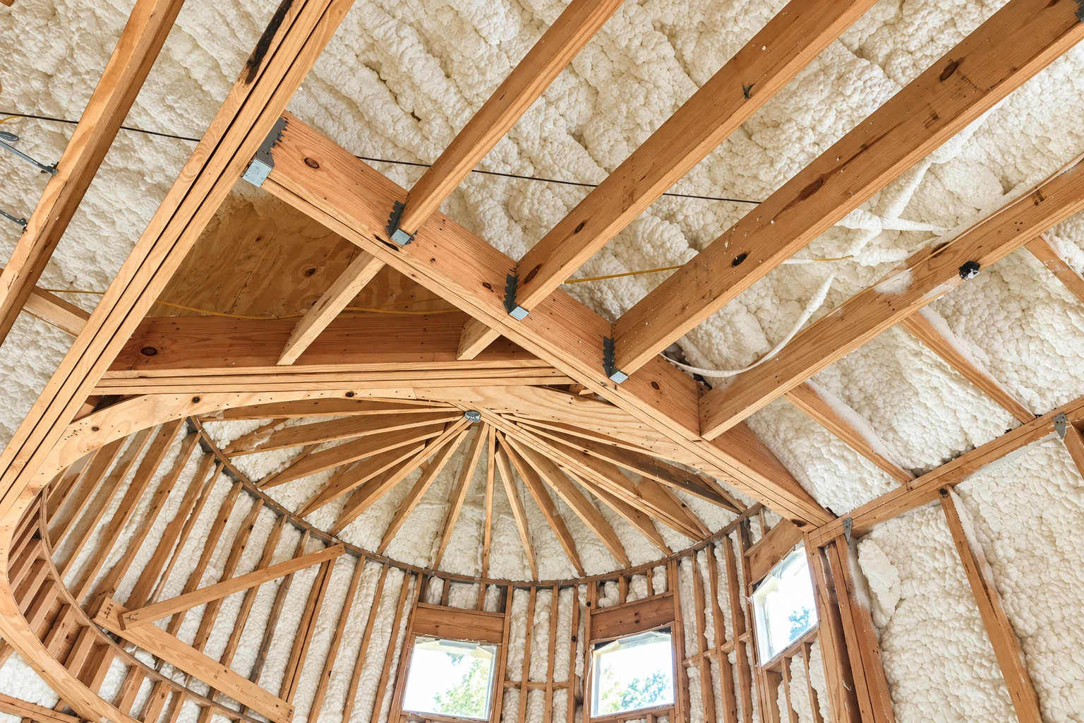 Open attic framing with white spray foam insulation covering the roof underside between exposed wooden trusses.