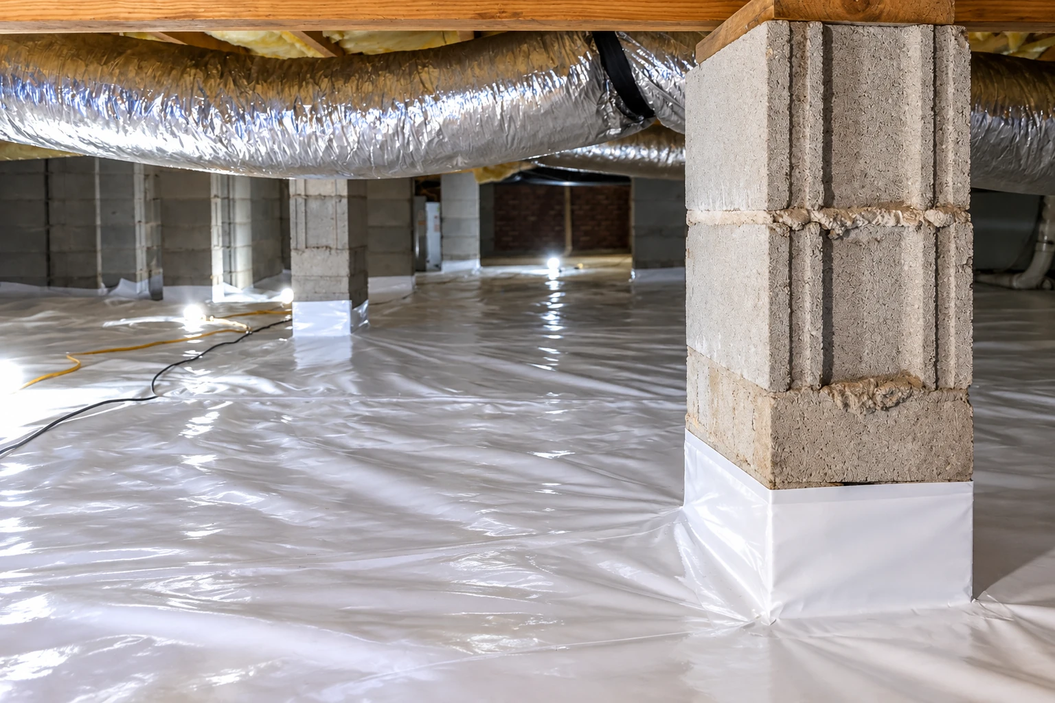 Crawl space with a white plastic vapor barrier covering the floor, concrete block piers, and foil-wrapped ducts overhead.