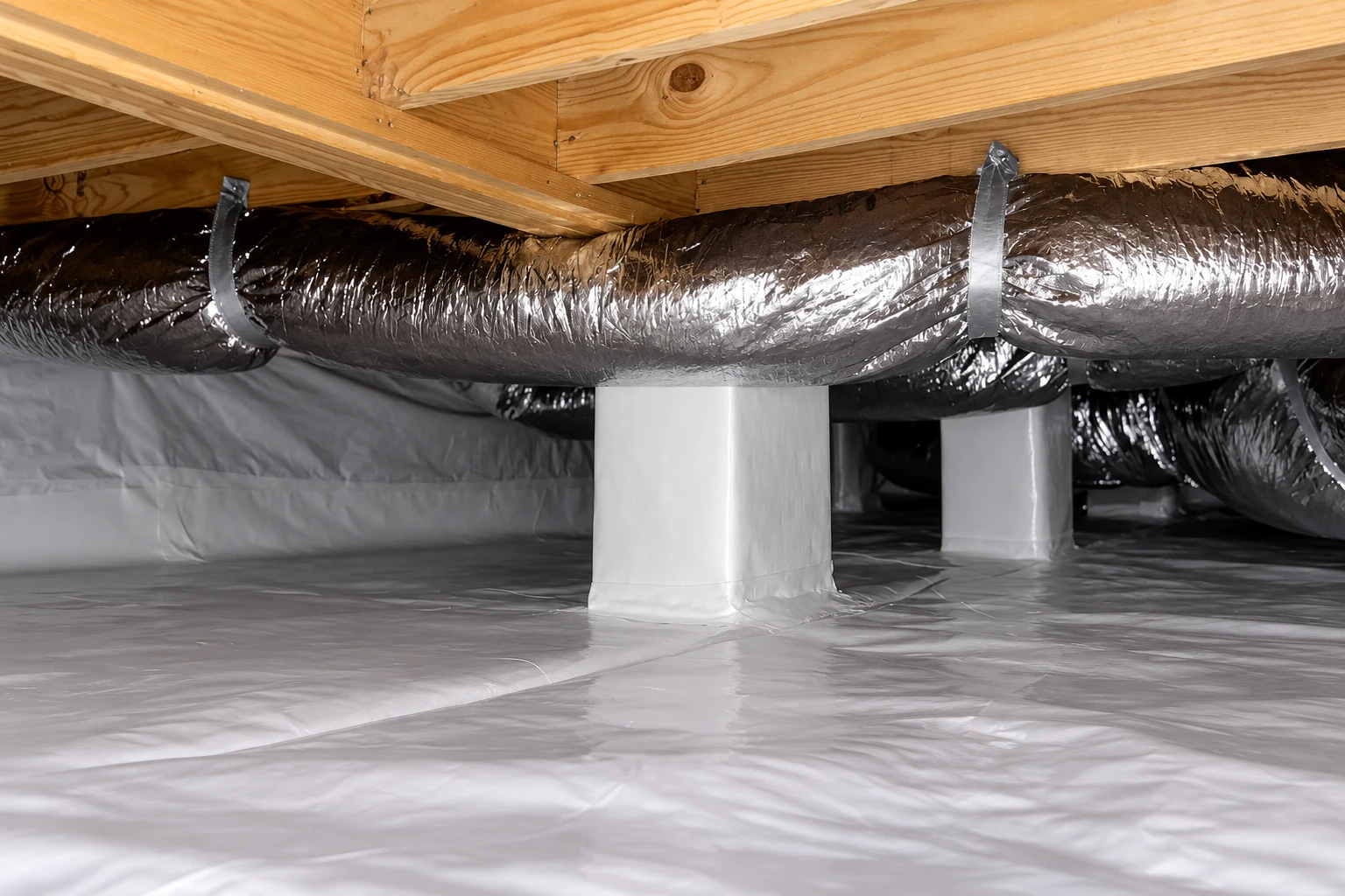Crawl space with reflective insulated ductwork, white-wrapped support posts, and plastic vapor barrier covering the floor.