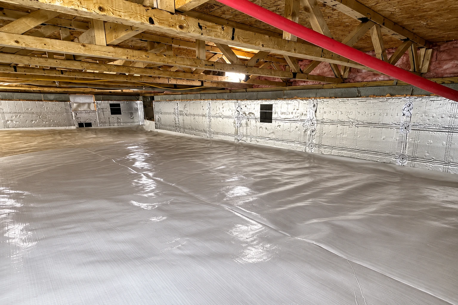 A crawl space has a reflective plastic vapor barrier covering the floor and rigid panels lining the foundation walls.