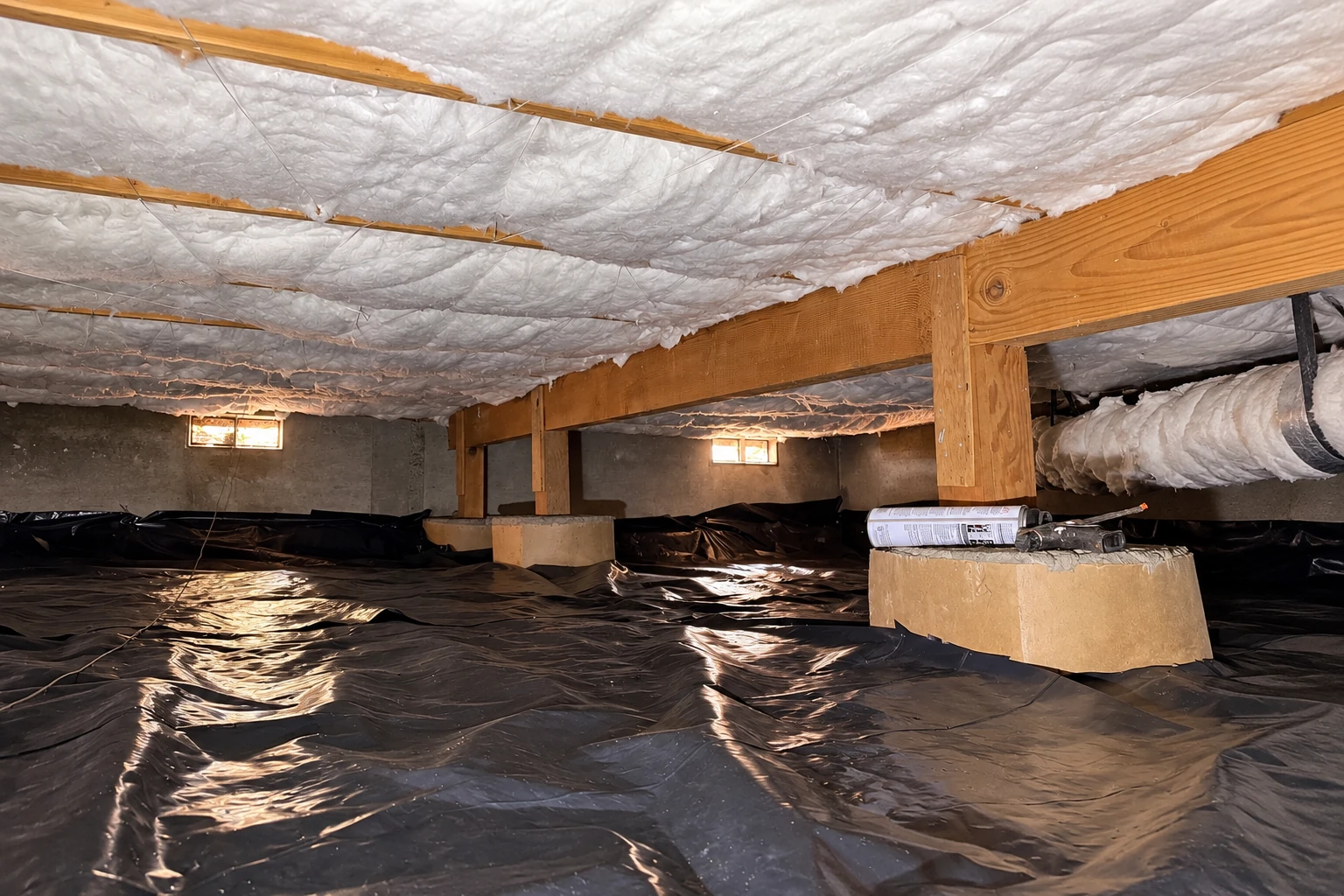 Crawl space with black vapor barrier sheeting across the floor, white insulation under the joists, and concrete supports.