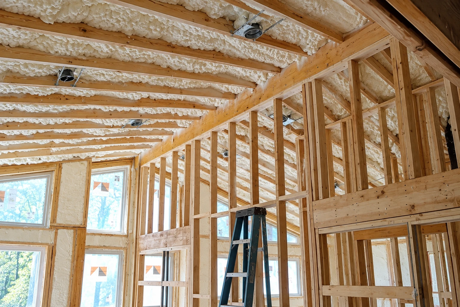 Exposed wood framing in a house is filled with white spray foam insulation across the ceiling and walls.