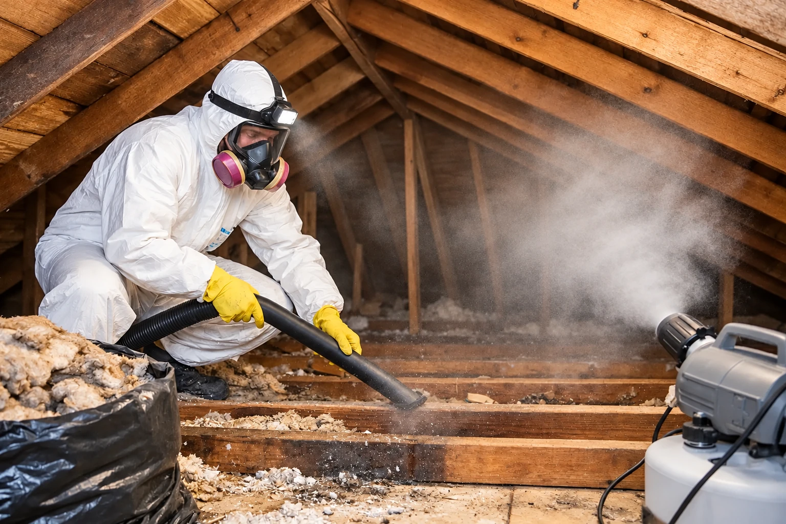 A worker in protective gear vacuums old attic insulation with a hose as dust rises nearby.