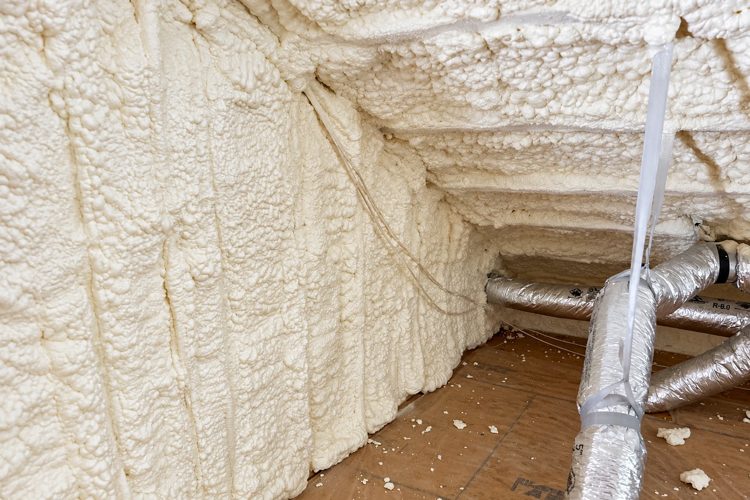 Crawl space walls and ceiling coated in thick cream-colored spray foam, with flexible ducts crossing the floor.