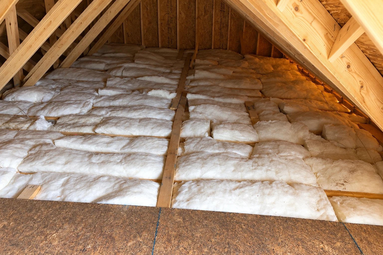 Attic floor covered with white fiberglass insulation batts between exposed wooden roof trusses.