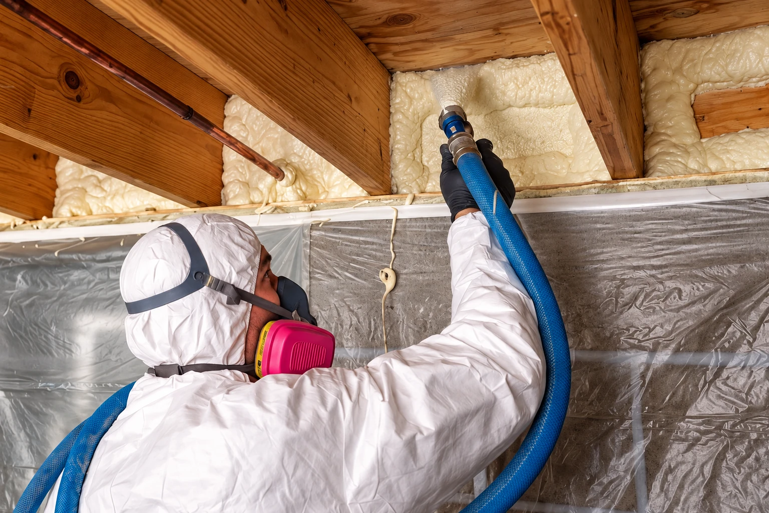 A worker in protective coveralls and a respirator sprays foam insulation into the exposed rafters of an attic.