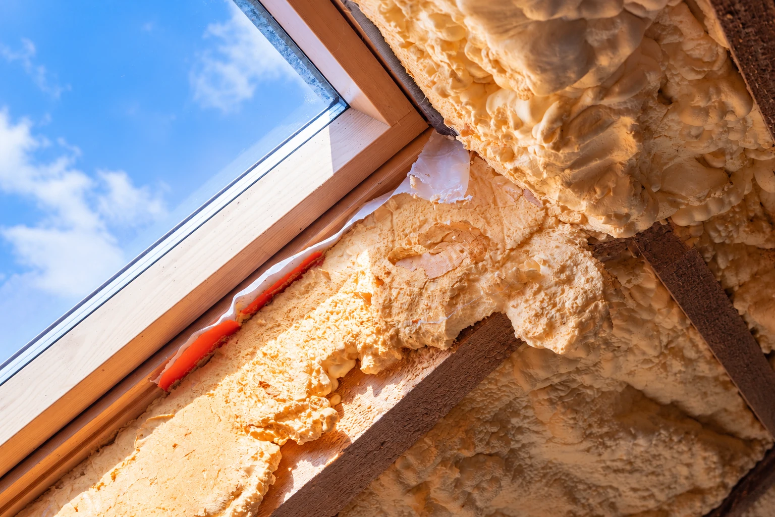 Close-up of tan spray foam insulation around a wooden skylight frame, with blue sky visible through the glass.