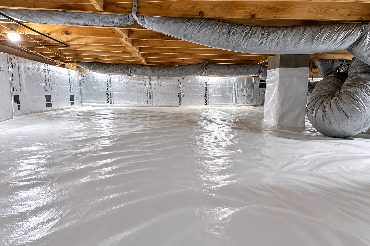 A crawl space shows shiny plastic sheeting across the floor and reflective panels along the walls beneath exposed joists and ductwork.