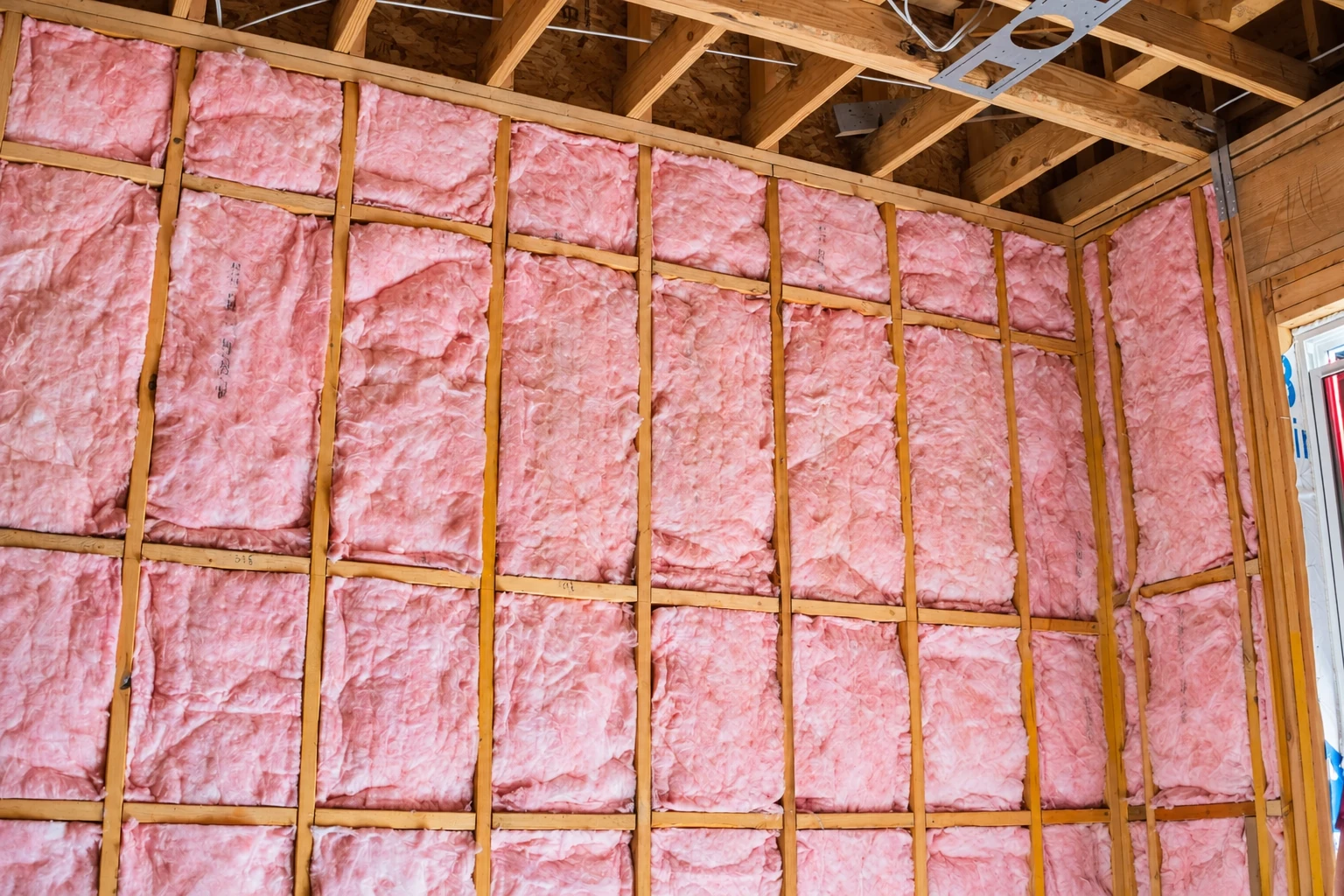 Pink fiberglass batts fill the exposed wooden wall studs beneath an unfinished ceiling.
